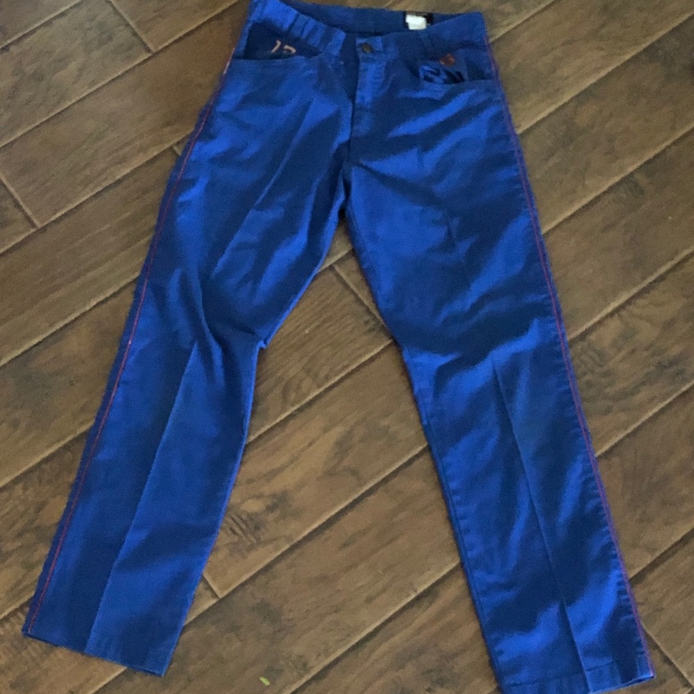 BLUE PANTS WITH RED STRIPE